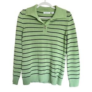 Liz Claiborne Cotton Light Green and Navy Blue Striped Collard Sweater Size M